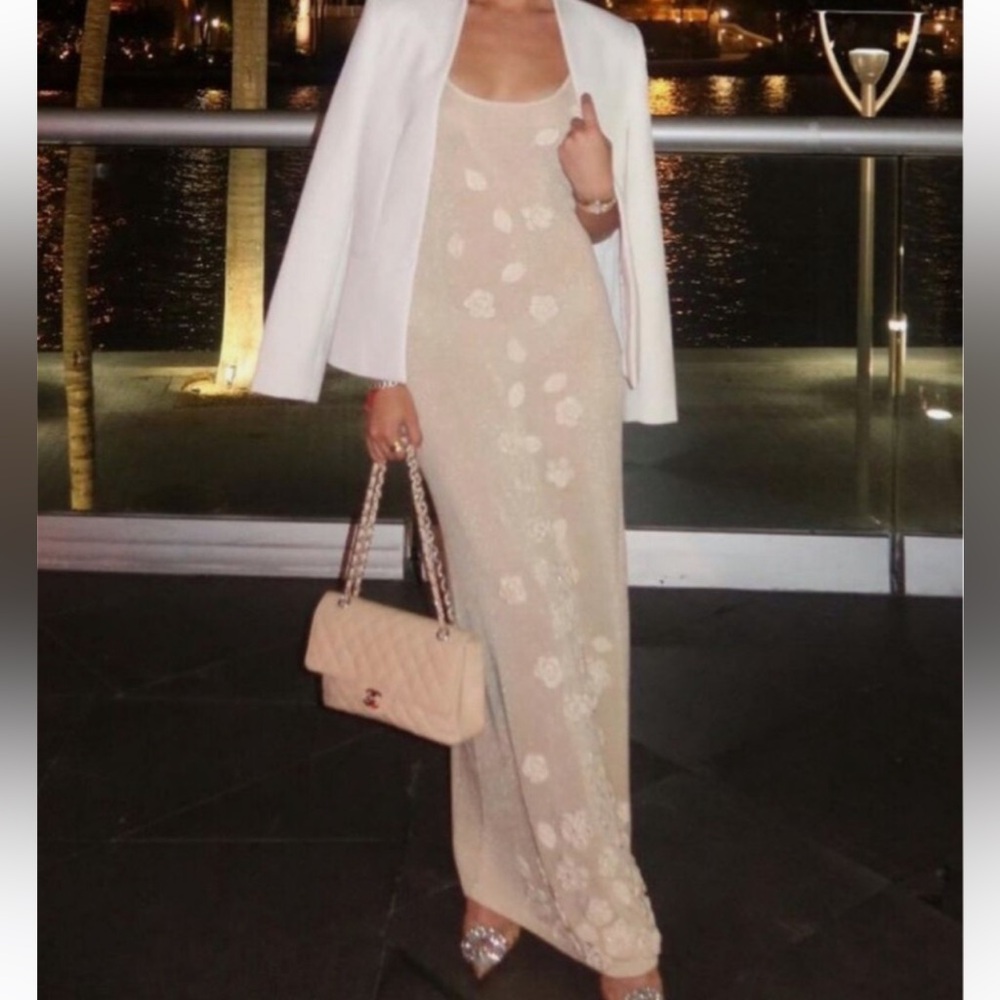 Caroline Constas $398 gold/tan floral appliqué dress medium MAXI - Picture 2 of 9